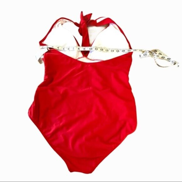 NWT COCOSHIP Plunging Neck One Piece Swimsuit Pom Pom Tassel 16 Red White - Picture 7 of 12